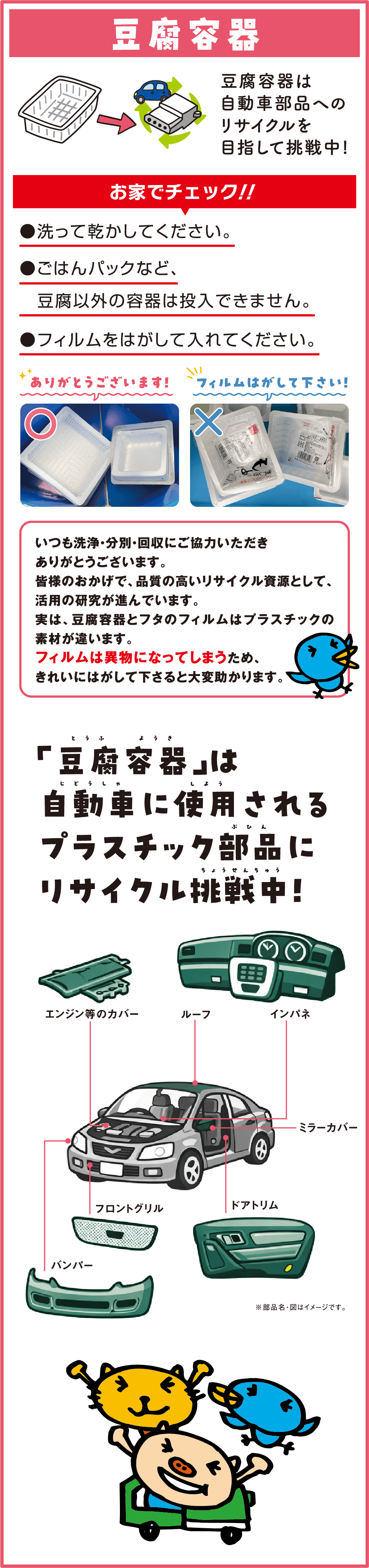 豆腐容器は自動車部品へのリサイクルを目指して挑戦中!